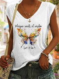 Butterfly And Words Printed V-Neck T-Shirts