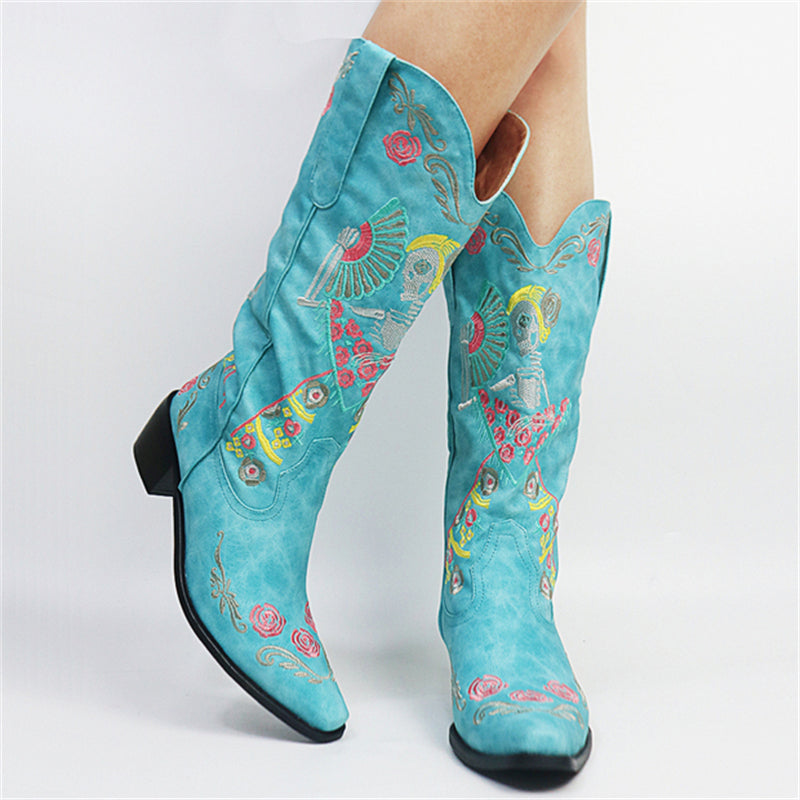 Punk Style Cowgirl Pointed Toe Western Mid Calf Boots for Women