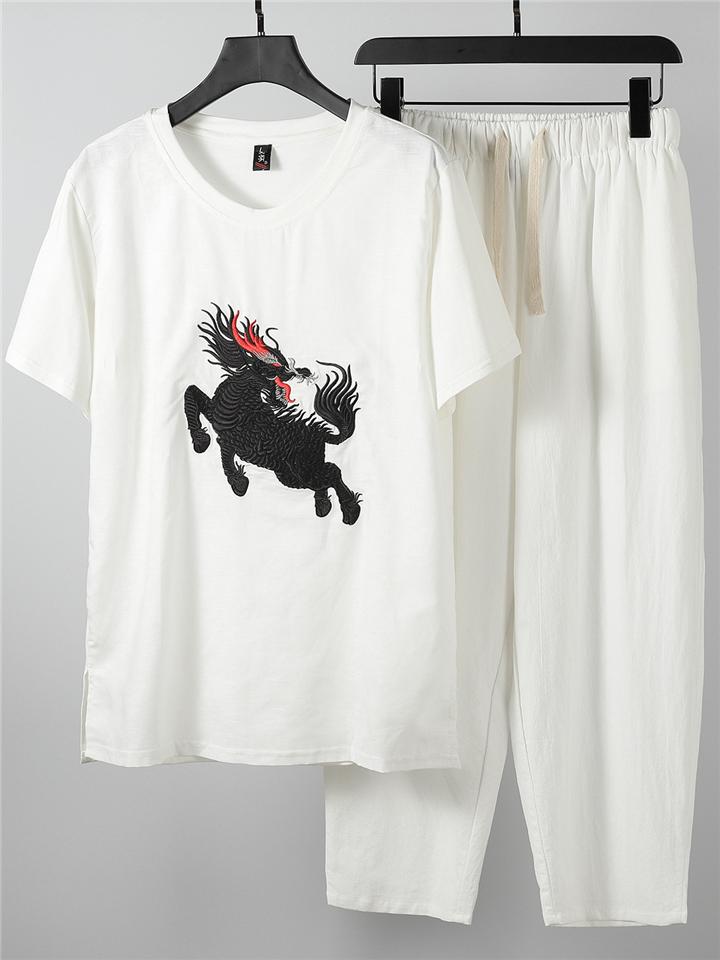 Simple Design Two-Piece Outfit Round Neck T-Shirts + Drawstring Pants