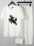 Simple Design Two-Piece Outfit Round Neck T-Shirts + Drawstring Pants