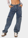 Women's Street Style High Rise Multi Pocket Straight Leg Cargo Jeans