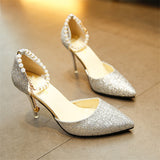 Female Metal White Pearl Chain Pointed Toe Shining Stiletto