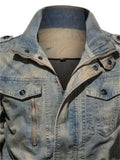 Men's Casual Stand-Collar Cotton Washed-Effect Denim Military Jacket