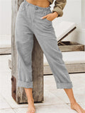 Casual Style Elastic Waistband Button Fastening Straight Leg Cotton Full-Length Pants
