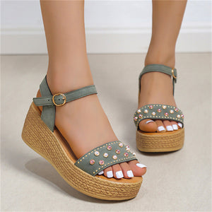 Gorgeous Pearl Buckle Wedge Heel Roman Sandals for Women