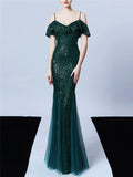 Shiny Sequin Strappy Mermaid Formal Tulle Dress for Dinner