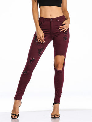 Summer Sexy Street Style Ripped Fit Wine Red Denim Jeans for Women