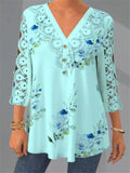 V-Neck Floral Printed Lace 3/4 Sleeve Blouses