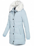 Comfortable Zipper Button Pocket Fur Collar Hooded Padded Coat