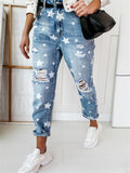 New Street Style Ripped Design Printed Slim Washed Effect Denim Pants