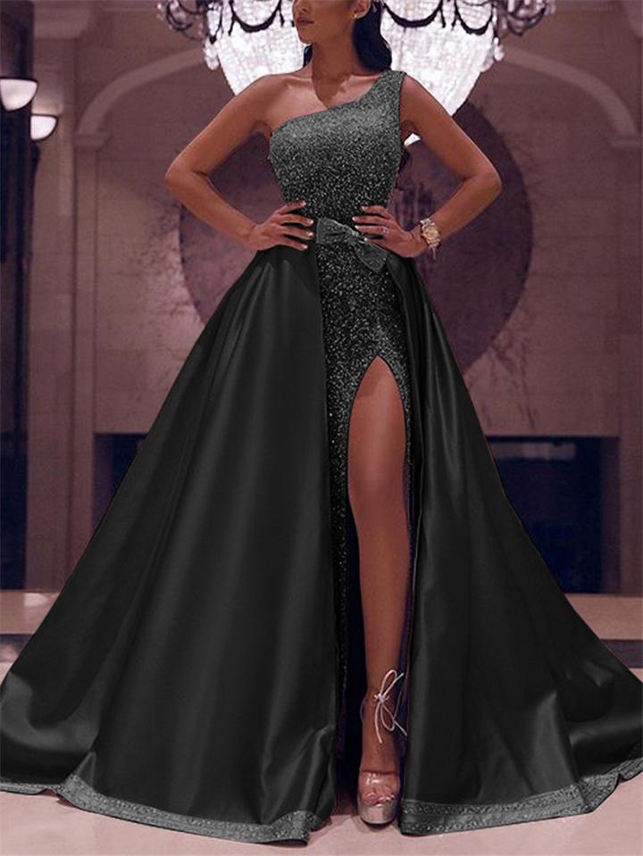 Shimmering Sequined One Shoulder Thigh High Slit Dress for Prom