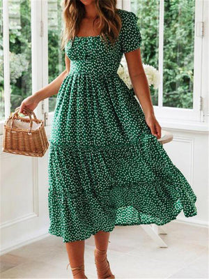 Square Neck Floral Puff Sleeve Long Dresses