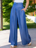 Retro Casual High Waist Pocket Thin Wide Leg Denim Pants for Lady