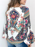 Distinctive Retro Style Printed Round Neck Long Lantern Sleeve Blouse