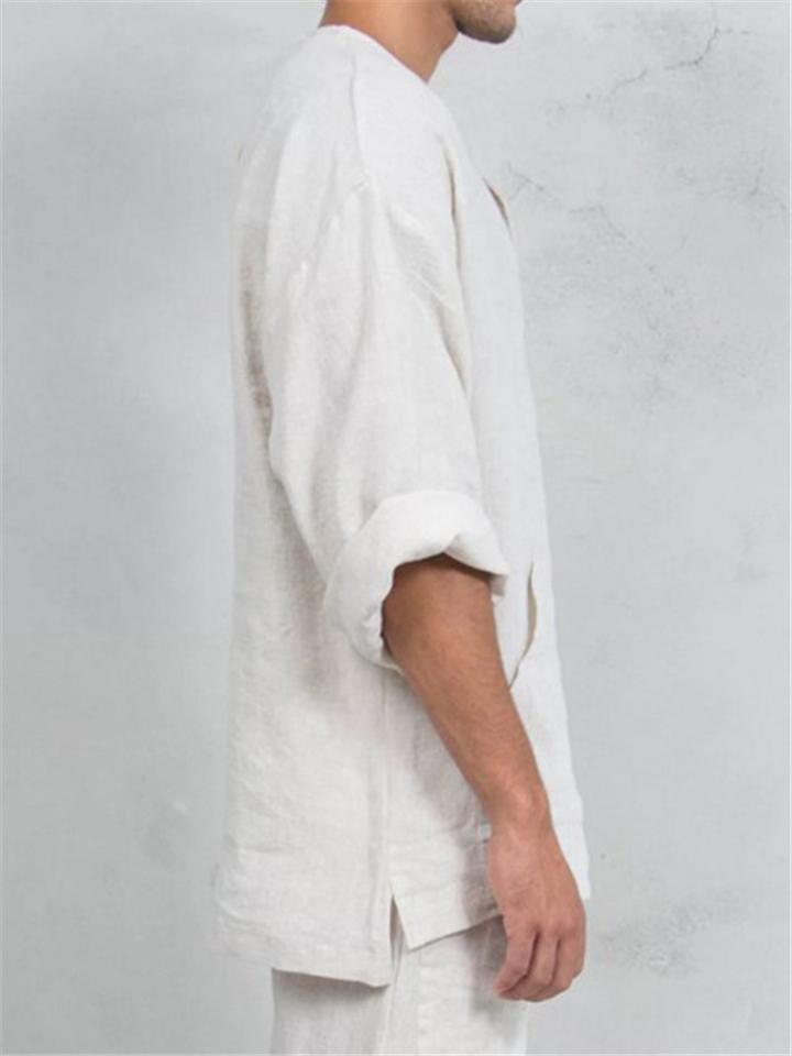 Loose Fit Notched Neckline Soft Linen Long Sleeve Solid Color Pullover Shirt