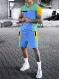 Male Trendy Contrast Color Round Neck Tops Shorts 2 Pieces Sets