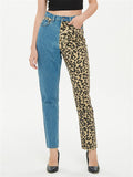 Fashion Leopard Print Straight-Leg Blue Denim Jeans for Women