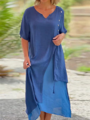 Country Style V Neck Short Sleeve Irregular Hem Dress for Women