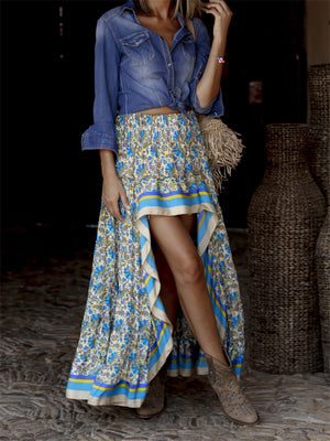 Fashion Floral Pattern Irregular High Waist All-Match Skirt