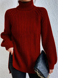 Womens Trendy Turtleneck Side Split Hem Oversized Long Sleeve Knitted Sweaters