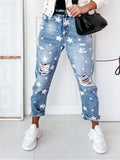 New Street Style Ripped Design Printed Slim Washed Effect Denim Pants