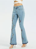 Pretty Small Floral Embroidery Colourful Pearl Vintage Style Bell Bottom Denim Jeans
