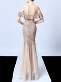 Shiny Sequin Strappy Mermaid Formal Tulle Dress for Dinner