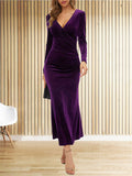 Women's Sexy Deep V Long Sleeve Bodycon Midi Fishtail Dress