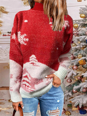 Snowflake Print Long Sleeve Women Pullover Knitted Sweater for Christmas Party