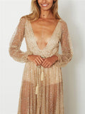 Sexy Pretty Plunging V Neck Long Sleeve Semi-Sheer Waist-Tie Fastening Beaded Party Dress