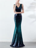 Shimmering Sequined V Neck Backless Mermaid Dress for Evening Party