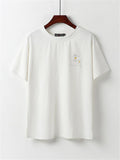 Loose Fit Linen 2-Piece Daisy Embroidered T-Shirt + Drawstring Full-Length Pants