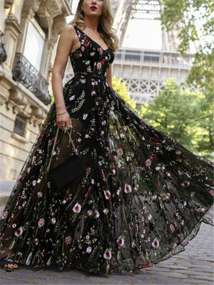 Flowing Floral Print Backless Fitted Waist Tulle Dress for Prom