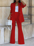 Office Ladies Solid Double Breasted Blazer Wide Leg Pants Sets