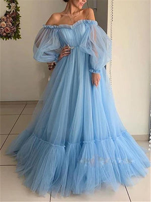 Flowing Off Shoulder Long Balloon Shoulder Tulle Dress for Wedding