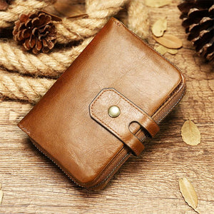 Genuine Leather Retro Multiple Compartment Card Slot Zip Closure Mini Wallet