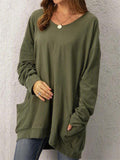 Oversized Round Neck Solid Color Long Sleeve Pocket Midi Length Tops