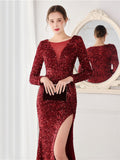 Graceful Long Sleeve Solid Color Sequins Fishtail Split Evening Dresses