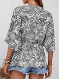 Ladies Chic V Neck Half Sleeve Printed Shirred Waist Blouse