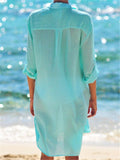 Semi-Sheer Side Slit Curved Hem Chest Pocket Classic Collar Thigh-Length Beach Blouse