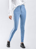 Spring Autumn Pretty White Pearl Woven Tape Thin Denim Jeans for Women