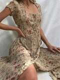 French Flair Elegant Floral Square Neckline Midi Dress