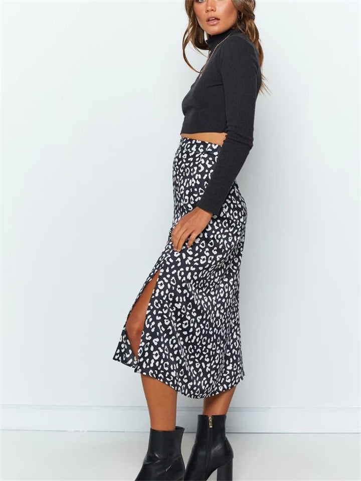 Stylish Elegant Leopard Printed High Waist Zipper Slit Hem Skirts
