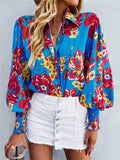 Fashion Floral Print Lapel Button Puff Sleeve Colorful Blouses for Office Ladies