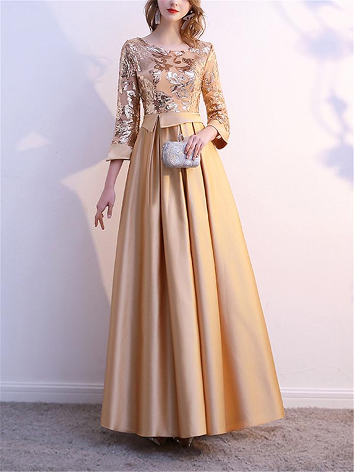 Elegant 3/4 Sleeve Pleated A-Line Maxi Dress for Evening