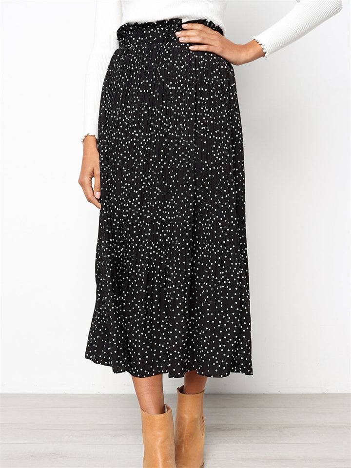 New Elegant Dots Floral Printed Side Pockets Pleated Elastic High Waist Skirts