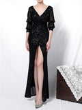 Elegant Sexy Deep-V Design Solid Color Split Decorated Sequins Evening Dresses