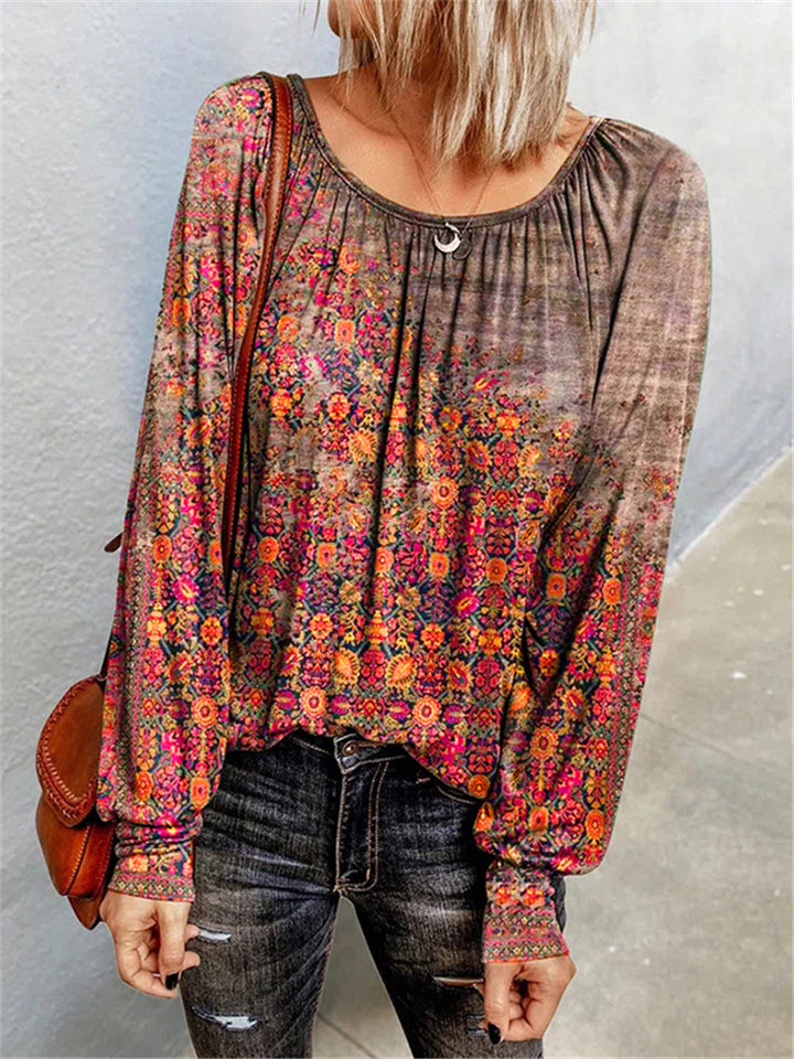 Loose Fit Scoop Neck Floral All-Over Print Balloon Sleeve Straight Hem Top