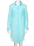 Semi-Sheer Side Slit Curved Hem Chest Pocket Classic Collar Thigh-Length Beach Blouse