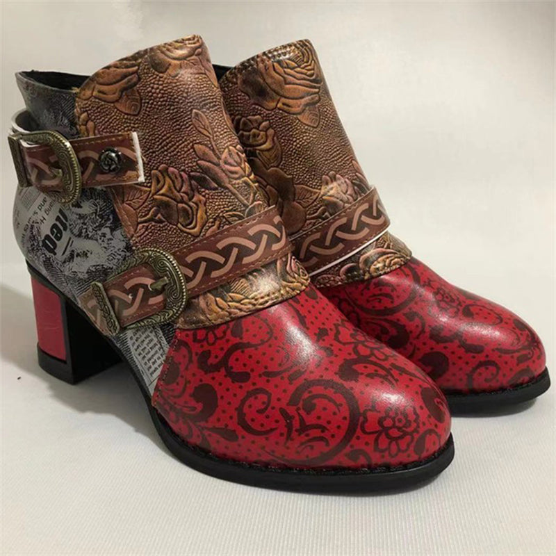 Vintage Textured Thick Heels Buckle Side Zipper Women's Boots